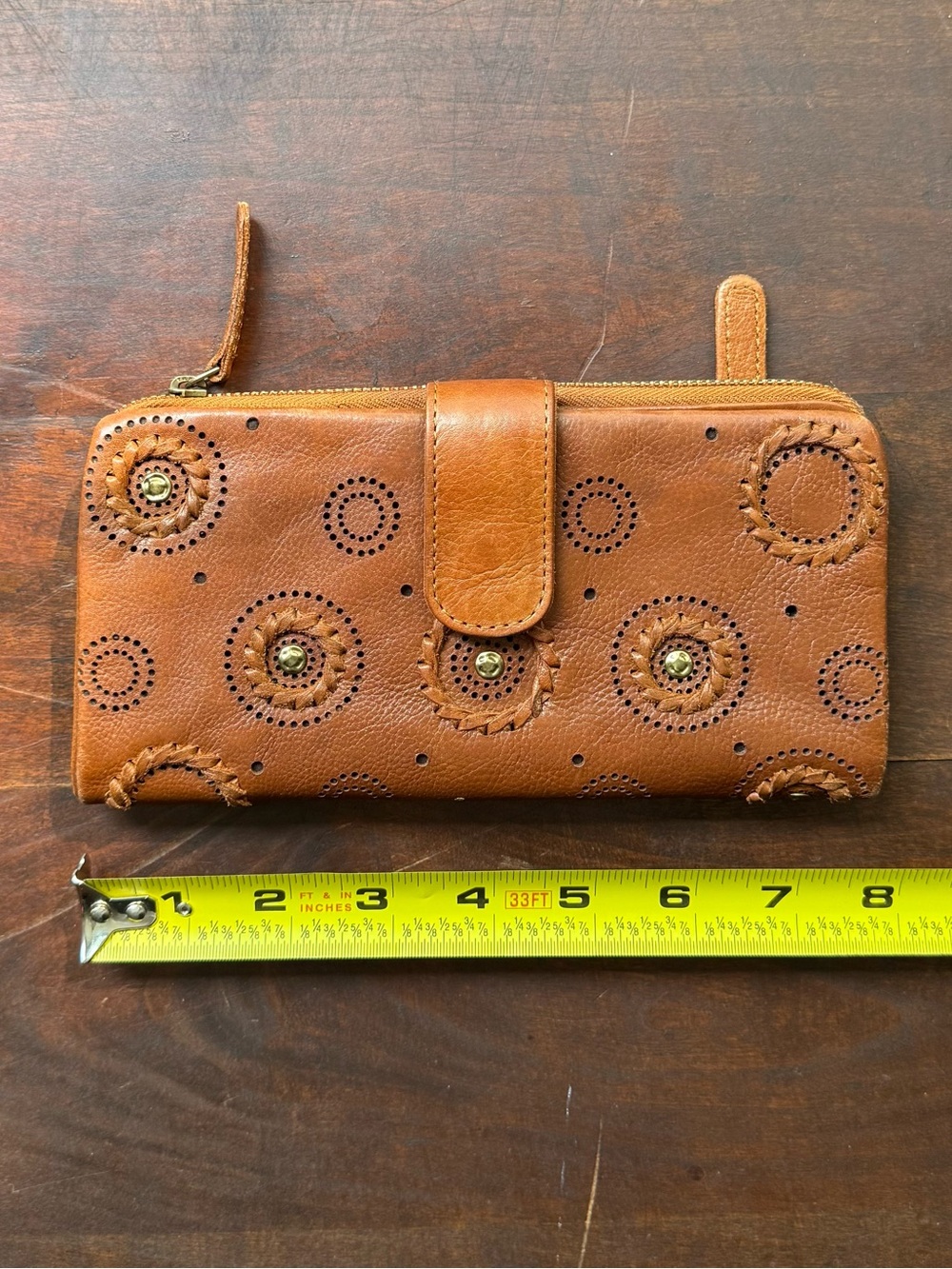 Vilenca Holland Brown Tooled Leather Mandala Zip Clutch Wallet Boho